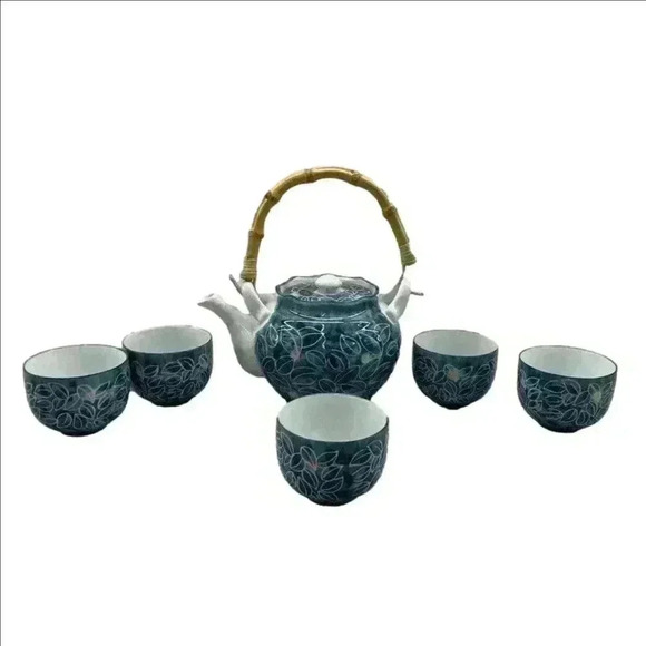 Japanese Dobin - Blue Floral Porcelain Arita-Yaki Teapot tea cups set - Picture 2 of 15
